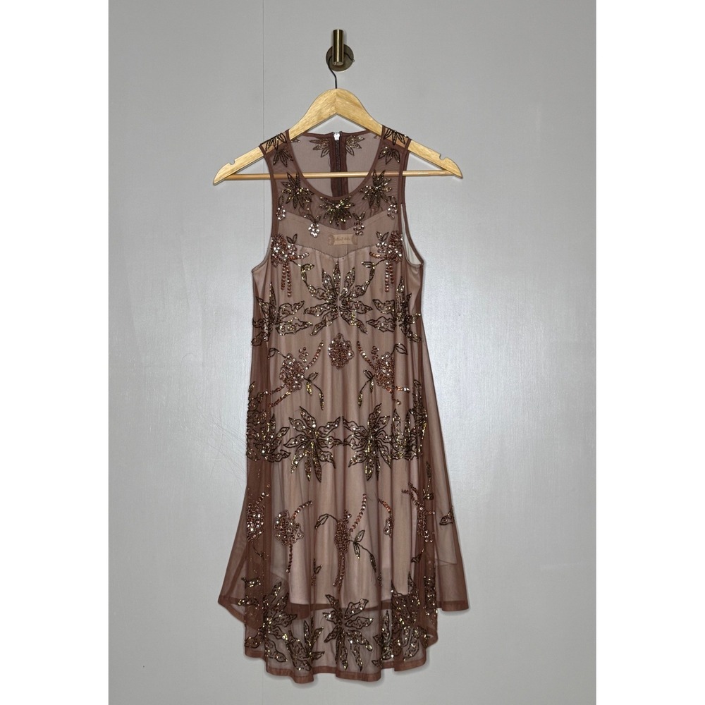 Altar'd State Brown Beaded Sequin Mesh Sleeveless High Low Shift Dress Size S